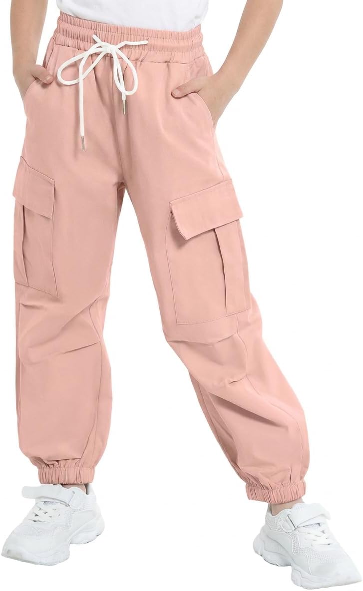 Detalle de JiAmy Girls Cargo Trousers: Elastic Waist Baggy Parachute Joggers for 5–14 Years