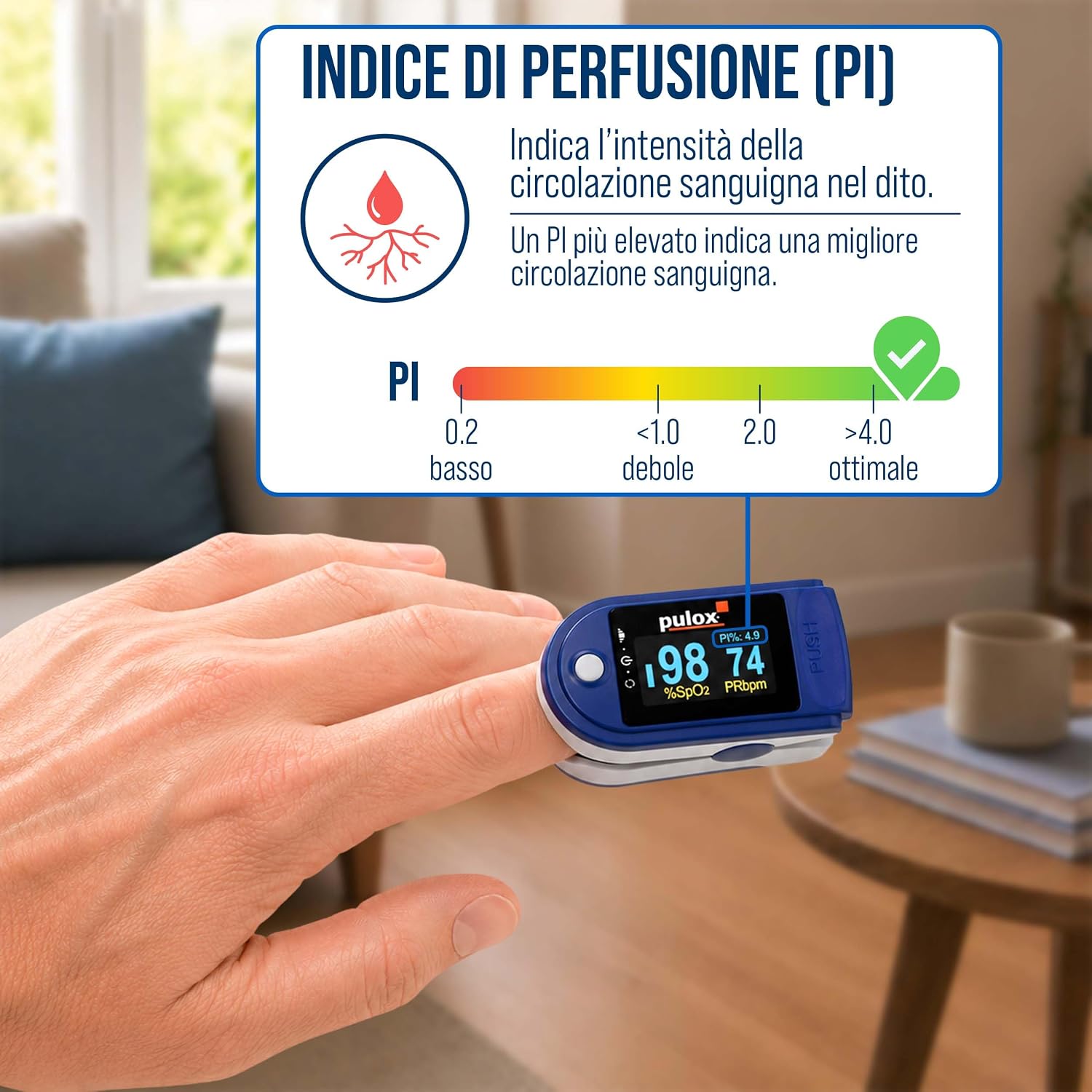 Detalle 2 de Pulox PO-200 Pulsossimetro: misurazione SpO2, frequenza cardiaca e PI in modo semplice