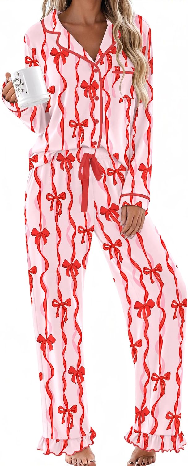 Detalle de Ekouaer Women's Long-Sleeve Pajama Set with Button-Down Top and Ruffle-Hem Pants