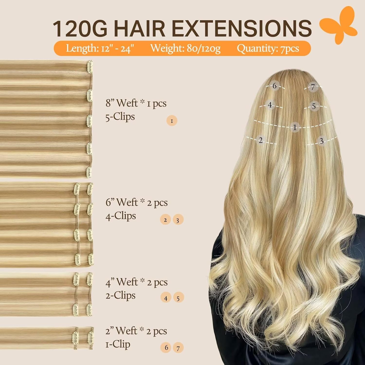 Thumbnail 1 de DOORES Clip-in Human Hair Extensions Balayage Dark Blonde to Bleached Blonde, 120g, 7 Pieces, 18-Inch Straight Thick Hair
