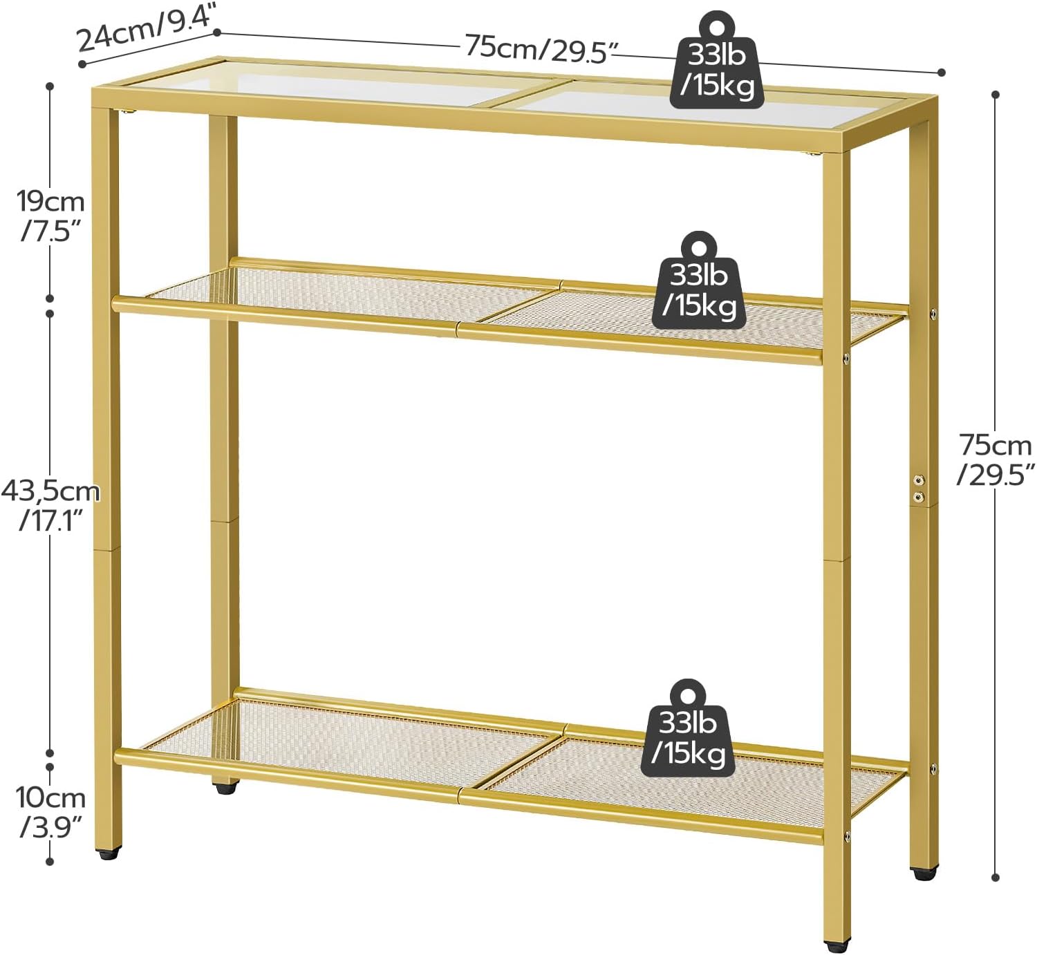 Thumbnail 2 de HOOBRO 3-Tier Gold Console Table with Tempered Glass – Minimalist Gold Frame, 4mm Glass, 3 Shelves