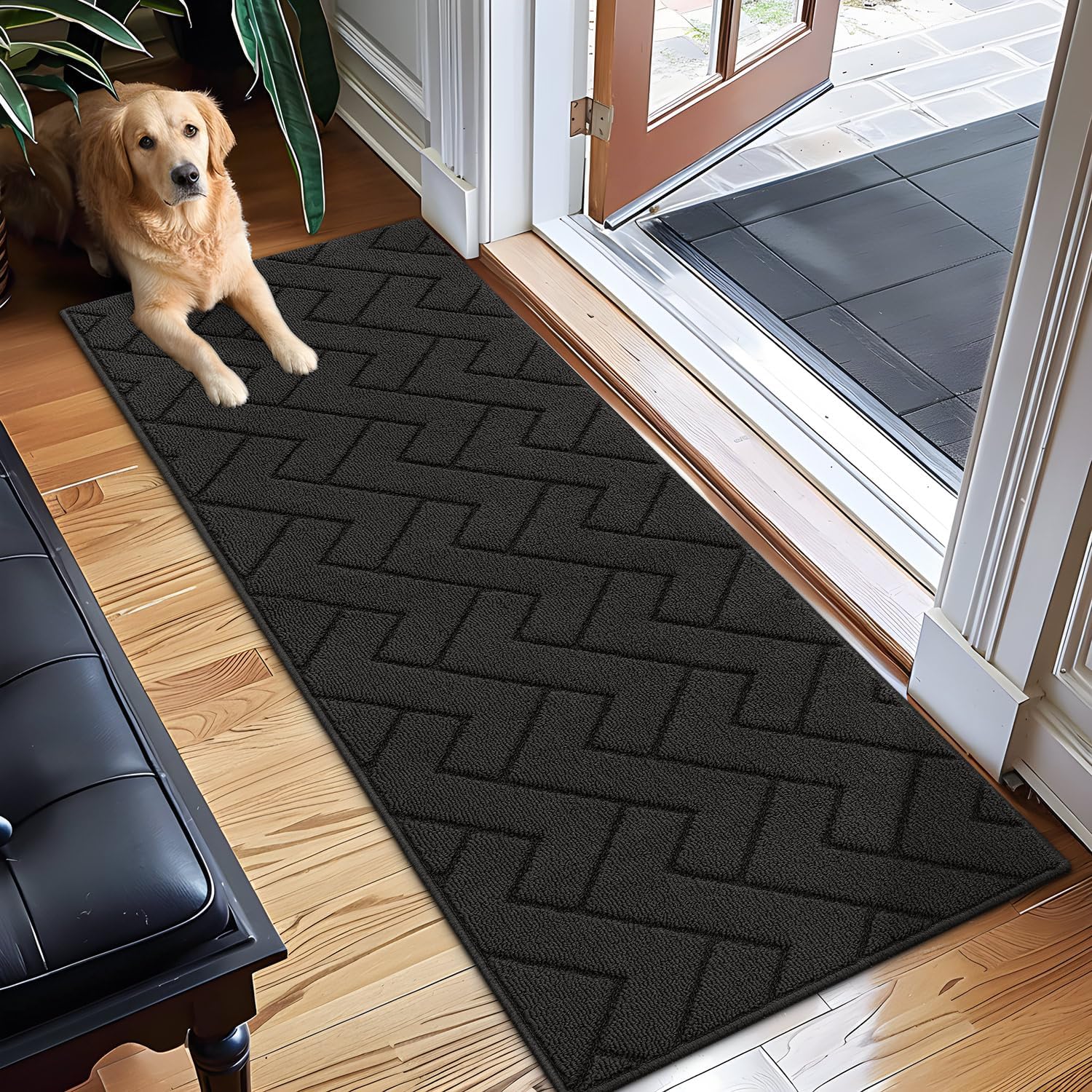 Detalle de Biscpro Door Mat 50x150cm – indoor washable dirt-trapping entrance rug with non-slip TPR backing (Dary Gray)