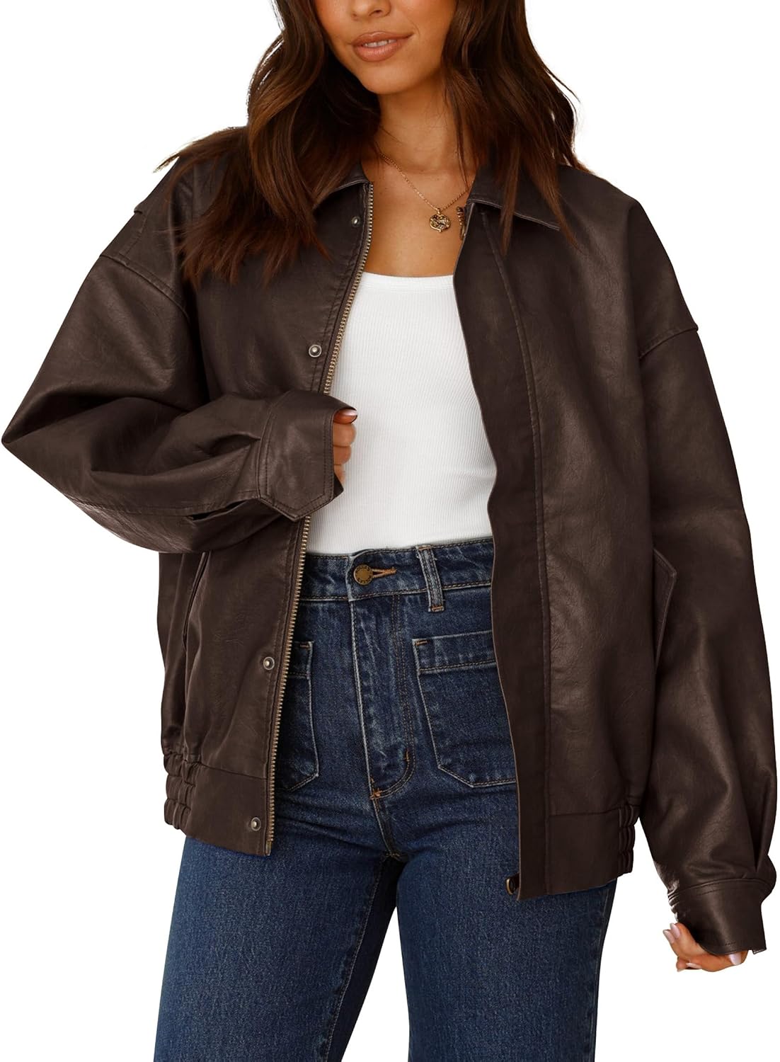 Detalle de PRETTYGARDEN Women's Faux Leather Motorcycle Jacket