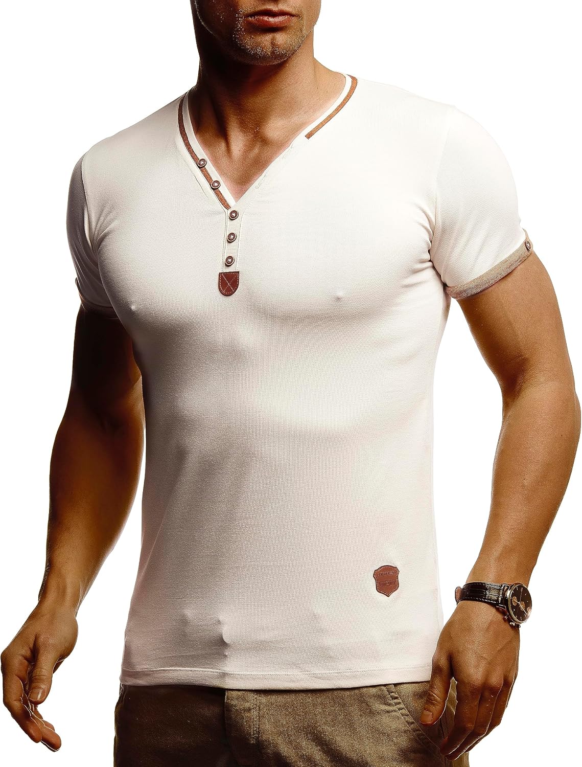 Detalle de Leif Nelson T-Shirt Uomo Estate Collo V – Maglietta Basic in Cotone, Taglio Regular Fit