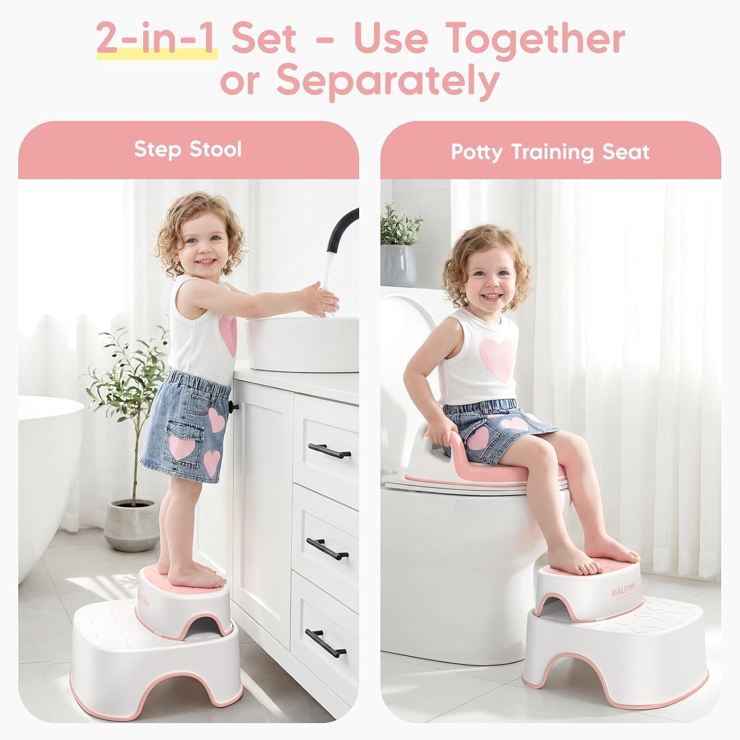 Detalle 2 de Maliton Toddler Toilet Seat with 2 Step Stool (Pink) – Anti-Slip, Handles & Splash Guard for 1–8 Years