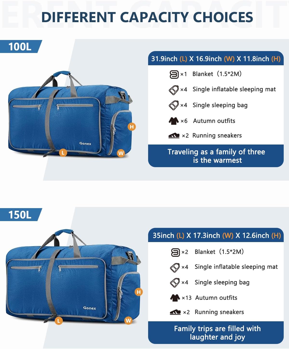 Thumbnail 3 de Gonex 100L Large Foldable Travel Duffle Bag with Shoes Compartment – Deep Blue