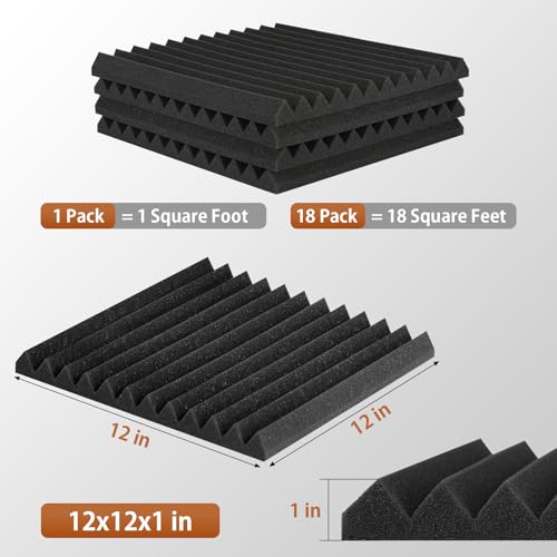 Detalle de AUSLET 18 Pack Acoustic Foam Panels with Self-Adhesive – 12x12x1 Inches, Wedge Design for Studio, Home Office & Gaming Rooms
