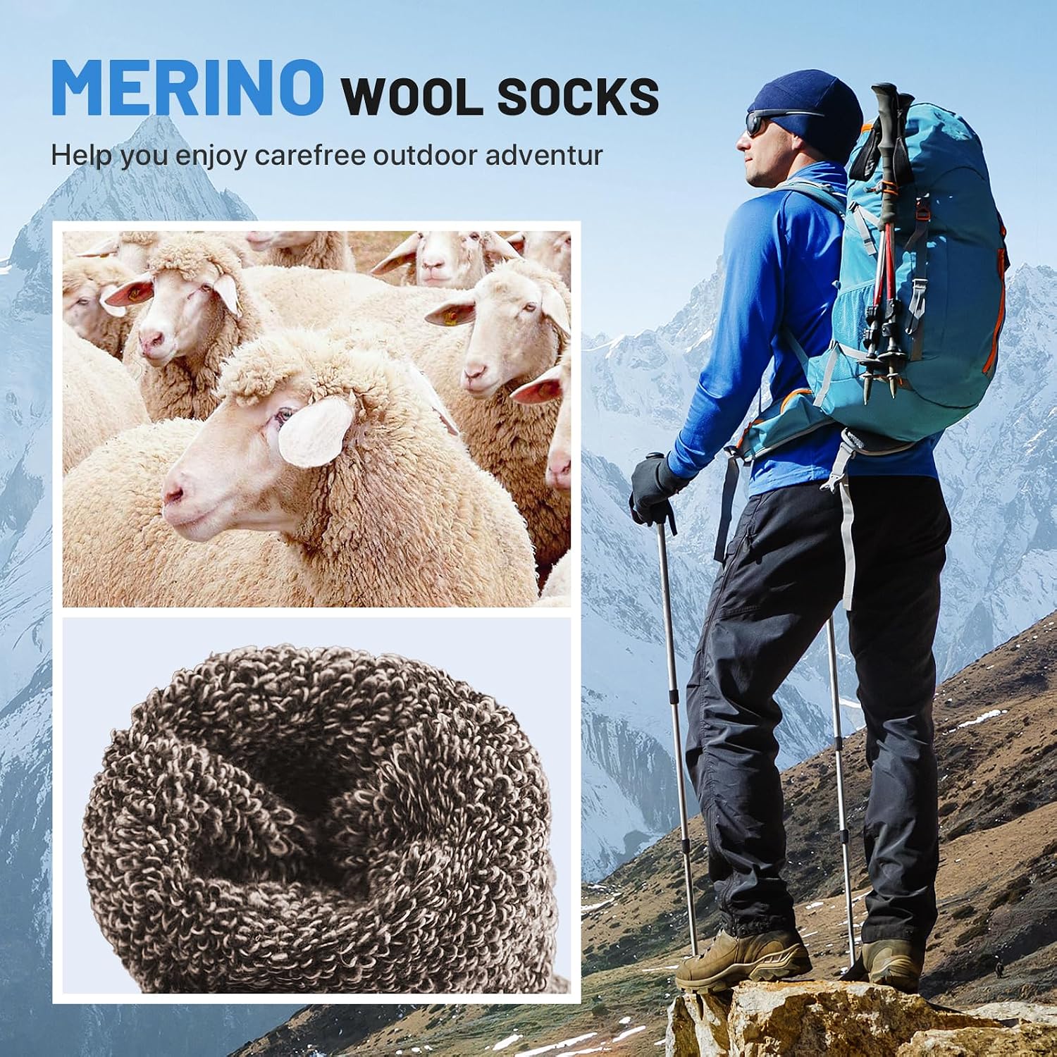 Detalle de SIMIYA Merino Wool Socks for Men (5 Pairs) – Thick Thermal Hiking Crew Socks