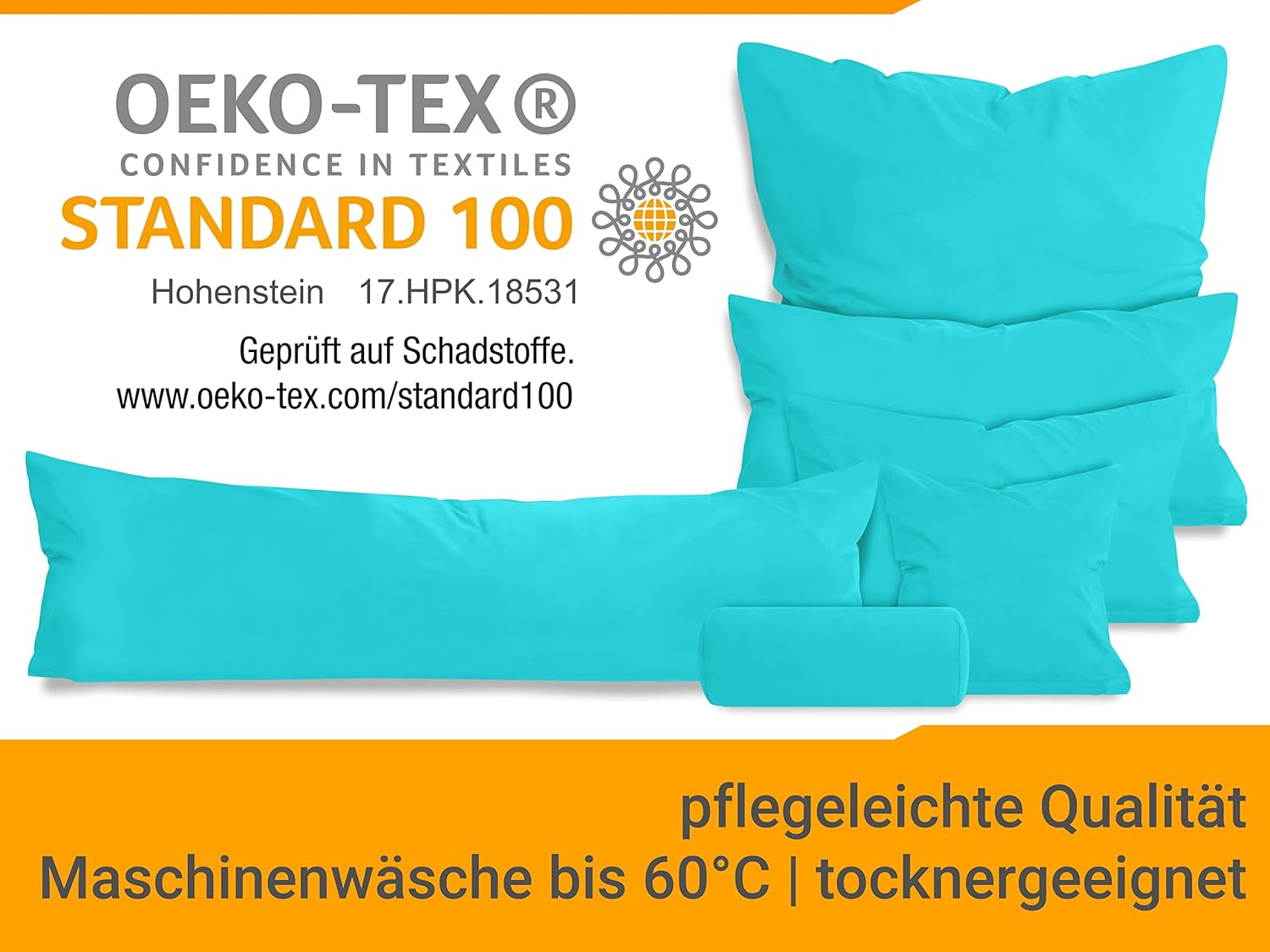 Thumbnail 5 de Lot de 2 Housses de Coussin traversin 40x60 en coton jersey turquoise 1331.1812 – certifié Öeko-Tex