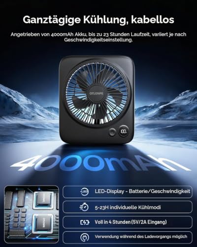 Detalle de Otlonpe Tischventilator Leise mit 4000mAh Akku – Tragbar, USB-kompatibel & 23h Laufzeit