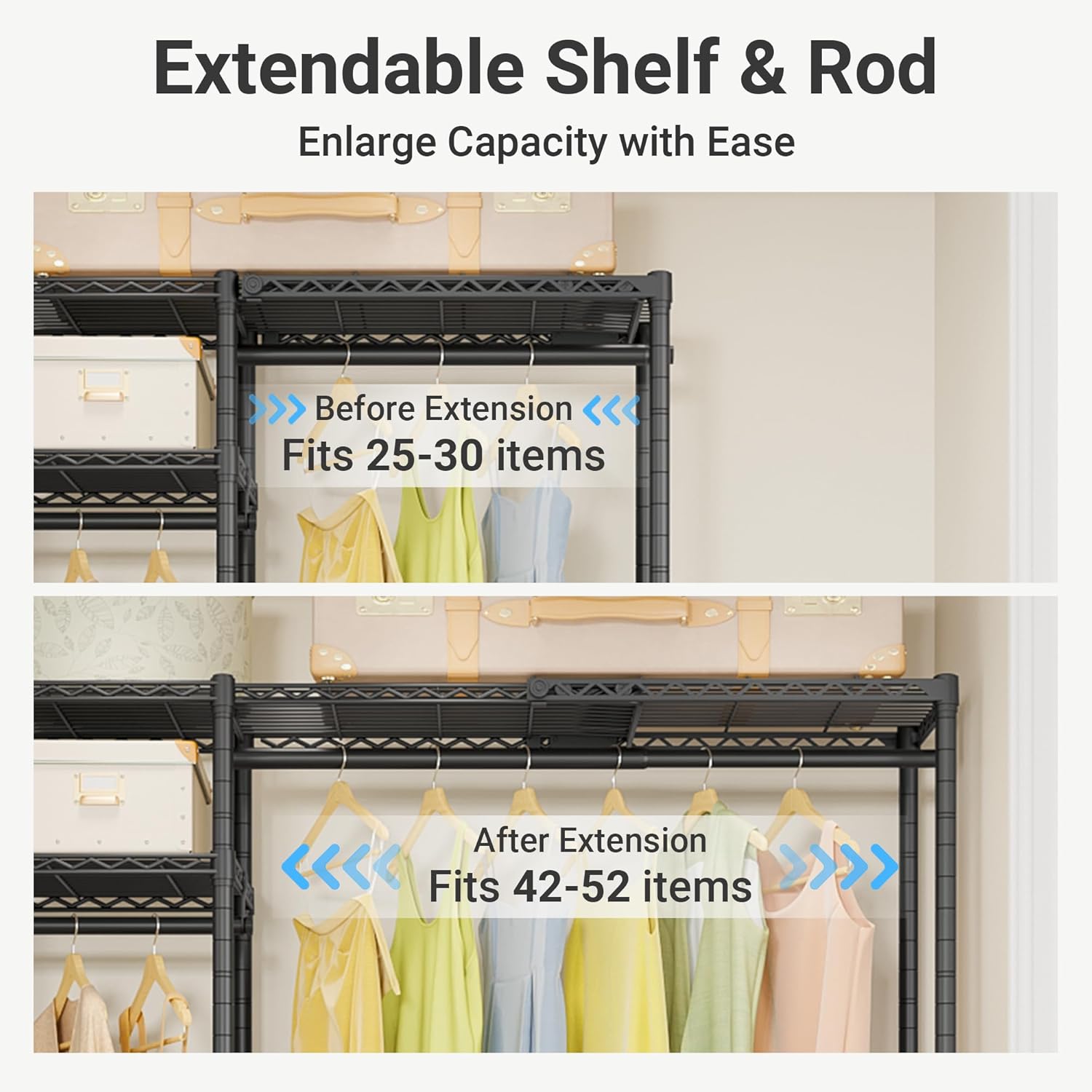 Detalle de VIPEK X20 Black Expandable Metal Clothing Rack with Adjustable Shelves