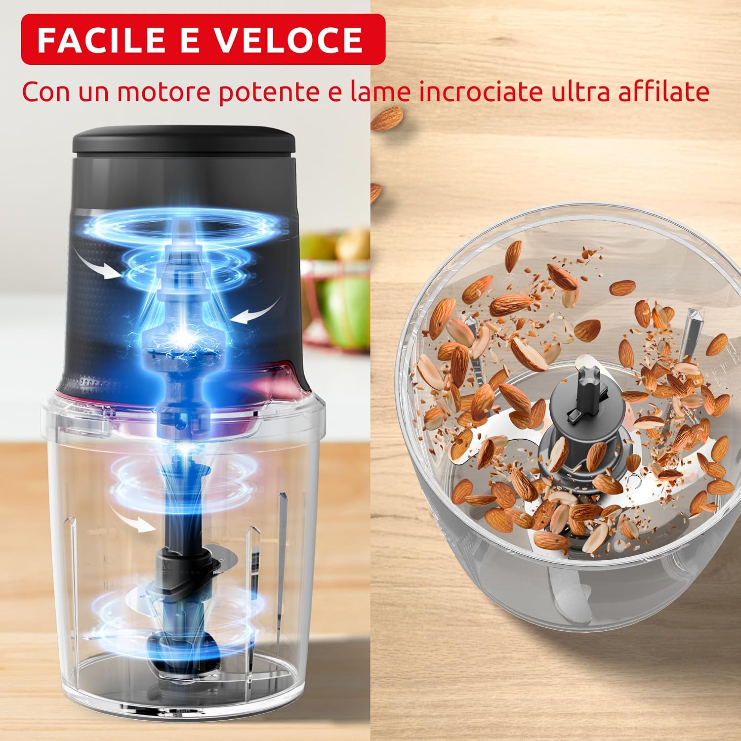 Detalle de Moulinex Easy Press AT740H: Tritatutto Elettrico 600W con 4 lame in acciaio, capacità 500 ml, colore Hippo Iron