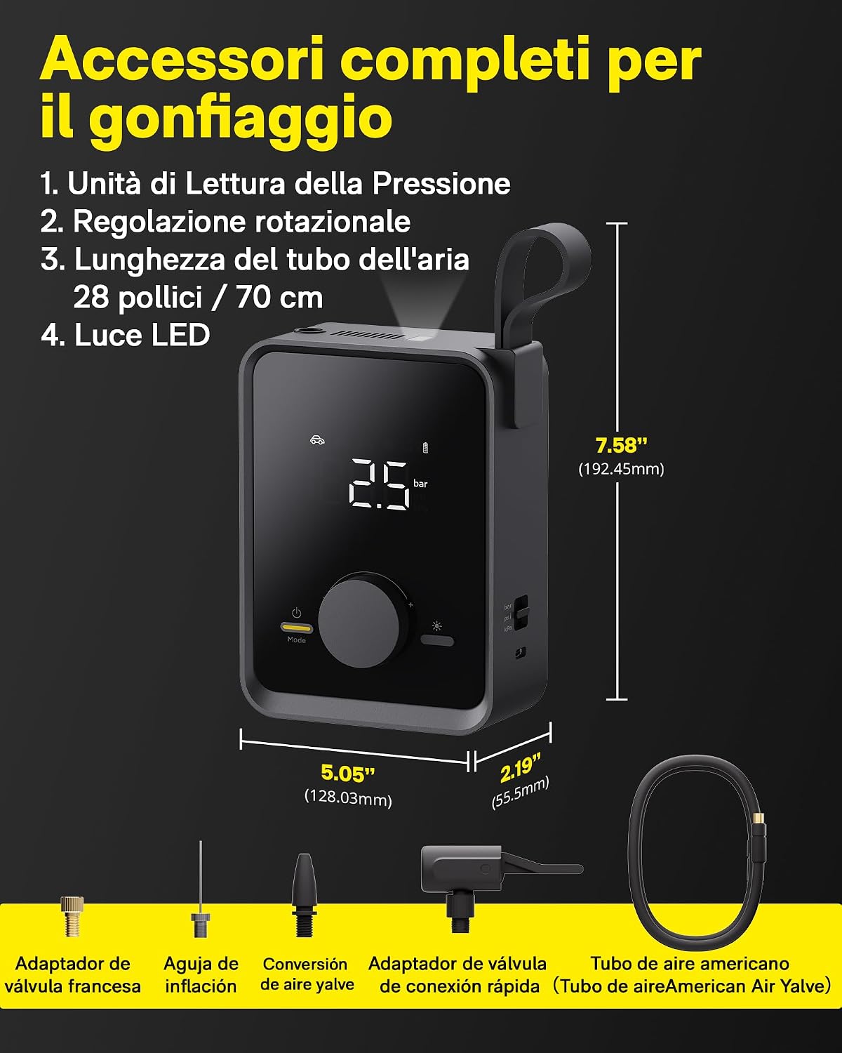 Detalle 2 de Compressore Aria Portatile Pro: gonfiaggio rapido e controllo preciso per auto, bici e moto