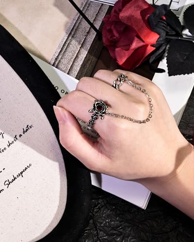 Detalle de Zikichiky Silver Rose Double Ring Chain Gothic Adjustable Ring for Women