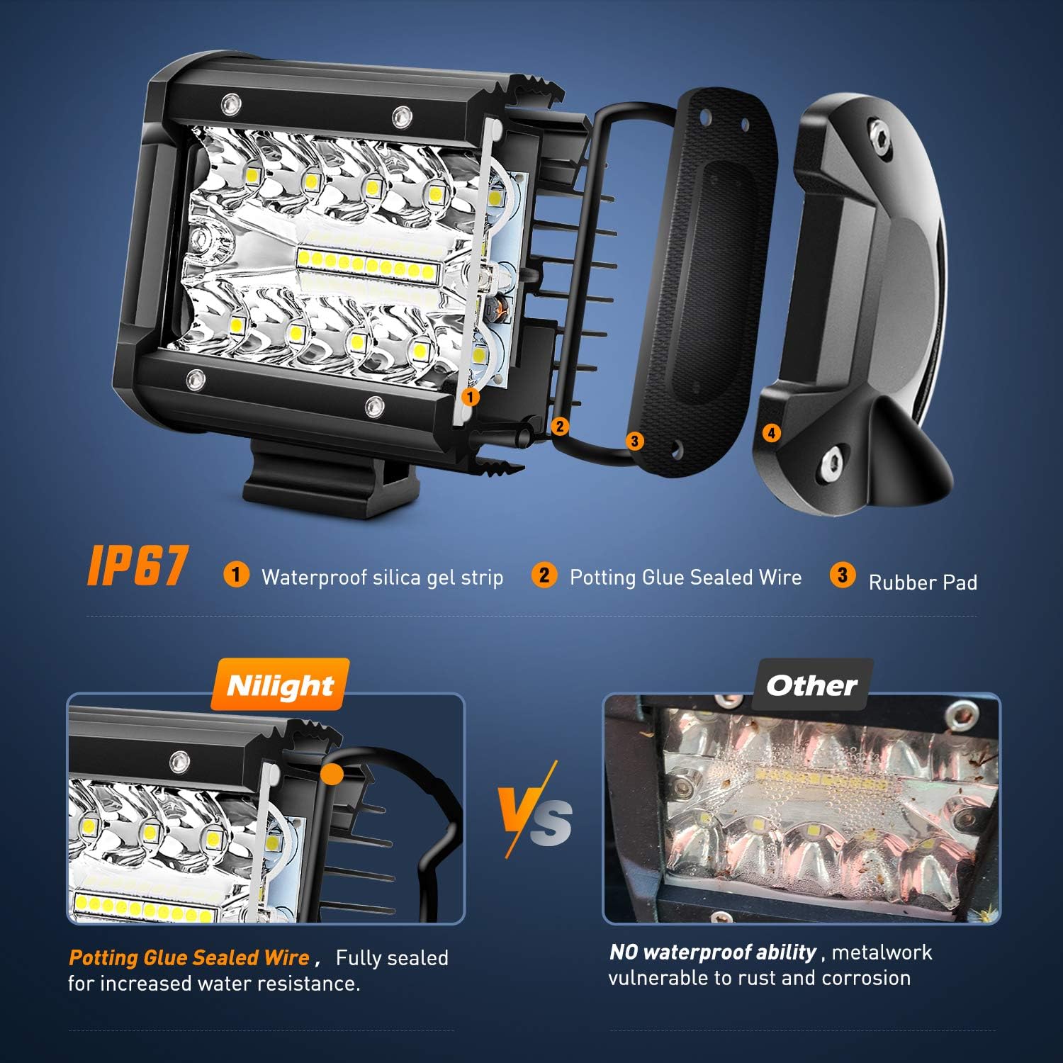 Detalle de Nilight ZH416 4PCS 4-Inch 60W Triple Row LED Pod Light Bar Combo (6000LM) with 16AWG Wiring Harness