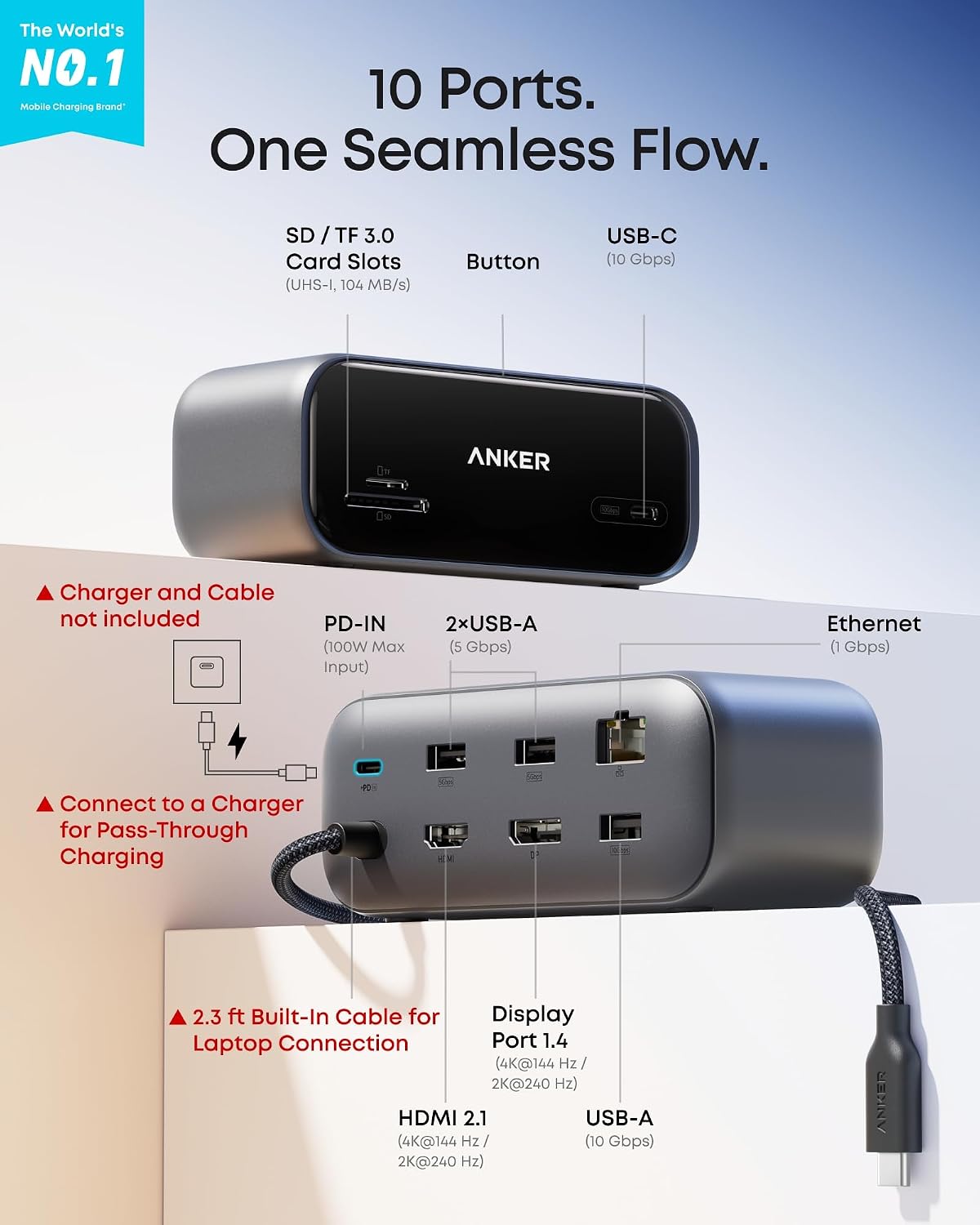 Detalle de Anker A210C 10-in-1 USB-C Hub with Smart Display, Dual 2K@240Hz