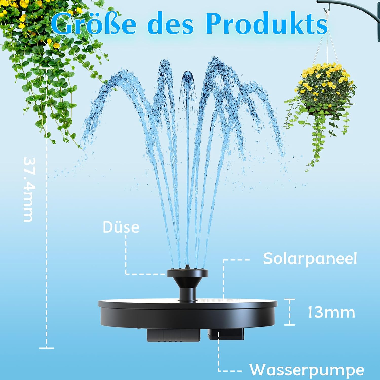 Detalle 2 de AMZtime Solarbrunnen für Draussen – Upgraded Solar Springbrunnen mit 6 Düsen, Vogelbad und Teichpumpe