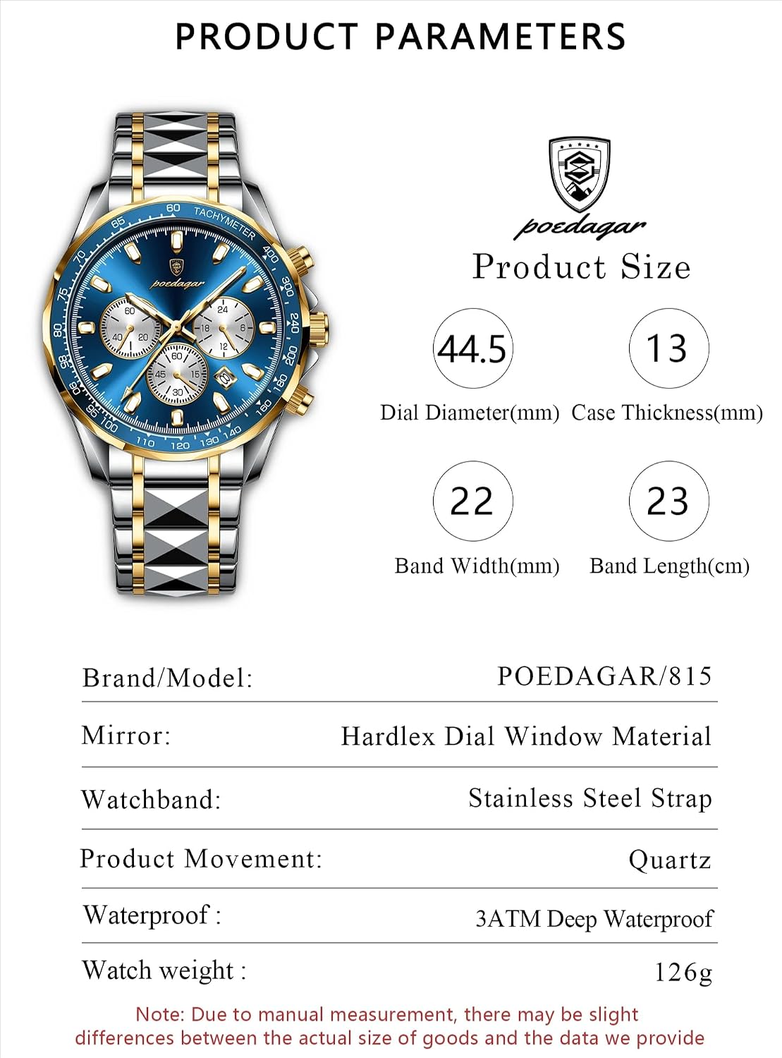 Detalle de Poedagar orologio sportivo da uomo in acciaio inox, cronografo quadrante luminoso, impermeabile 30m