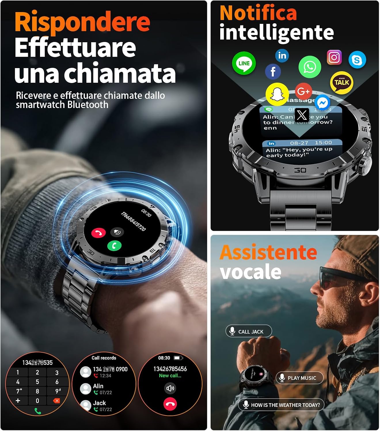 Detalle de 1000mAh Smartwatch Uomo Militare con Chiamata Bluetooth e 1,7'' Display – IP68, 110+ Modalità Sportive