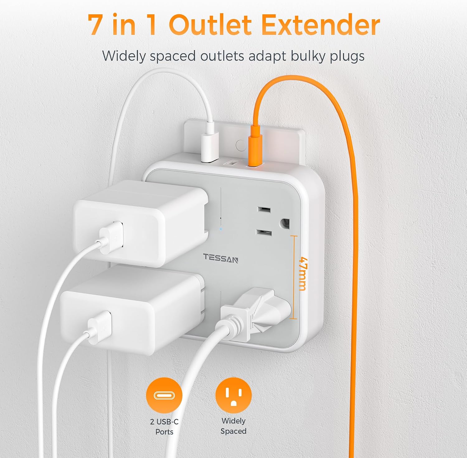 Detalle 2 de TESSAN TS-WM102-2C Wall Outlet Extender, 4 AC Outlets, 2 USB-C