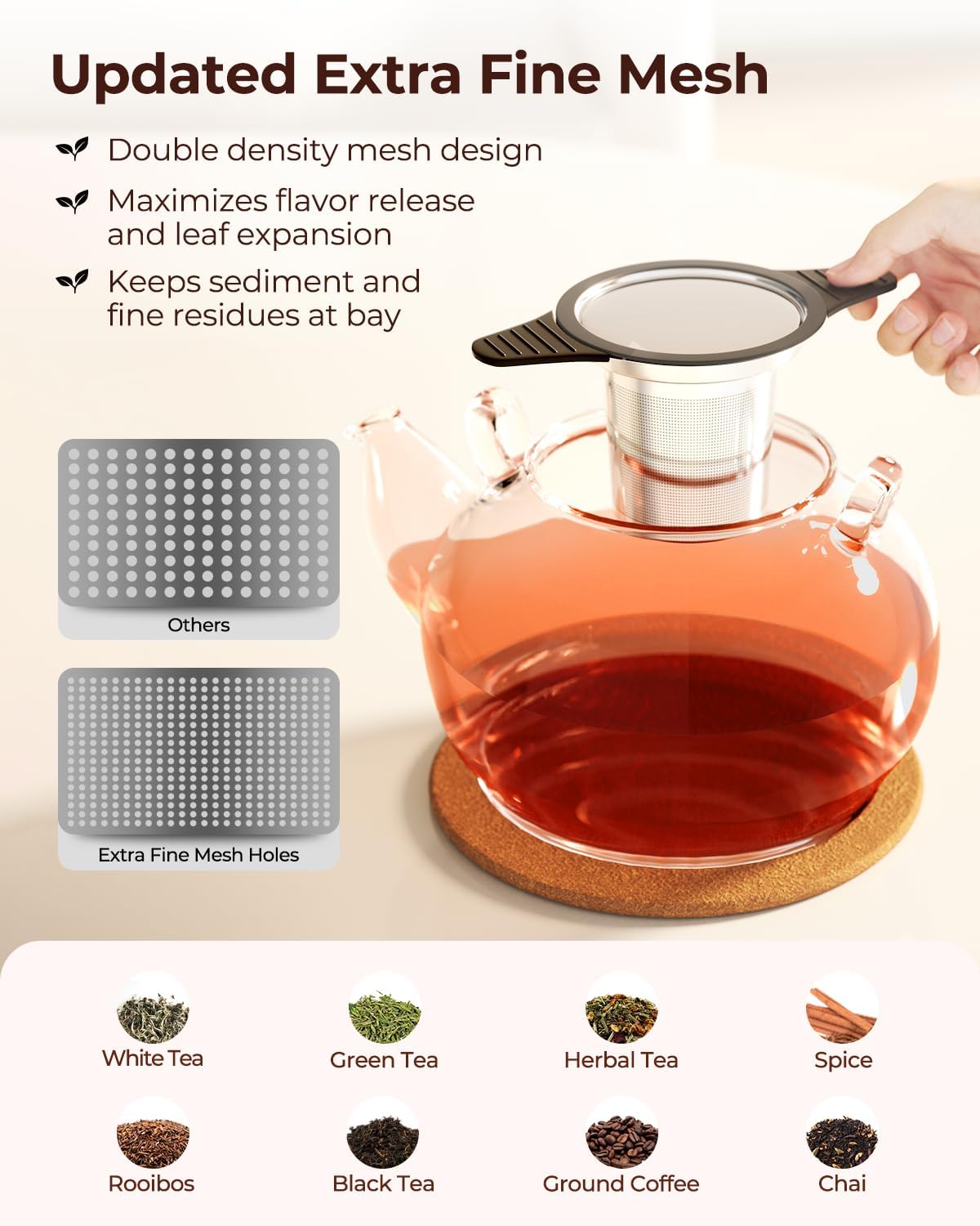 Detalle de Reinmoson Large Tea Strainers & Filters for Loose Tea – 304 Stainless Steel, Extra Fine Mesh, 10-Teaspoon Capacity