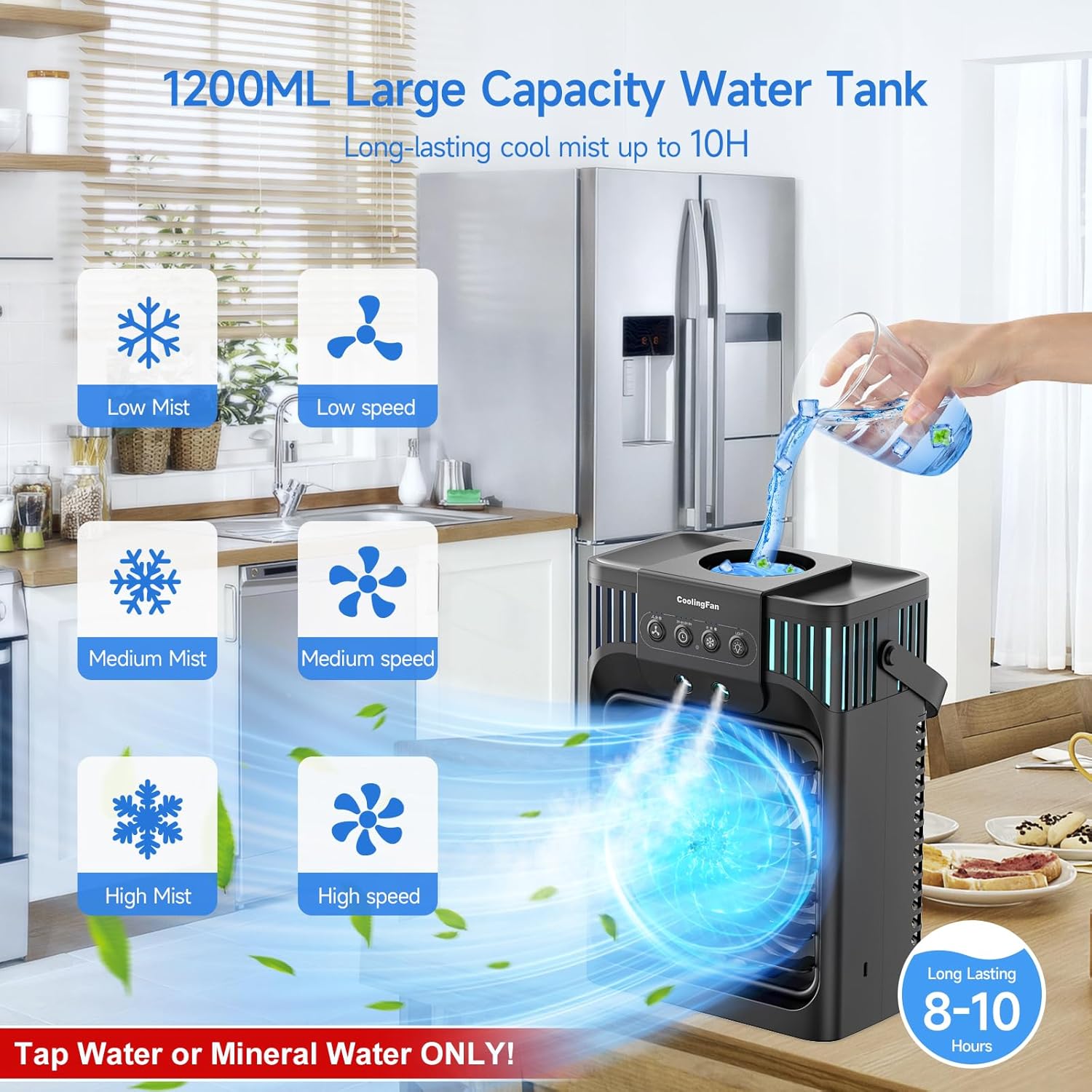 Thumbnail 6 de Portable Air Conditioner Cooling Fan with Remote – 1200ml Mini Cooler, 3 Speed Settings, Mist Function and LED Night Light