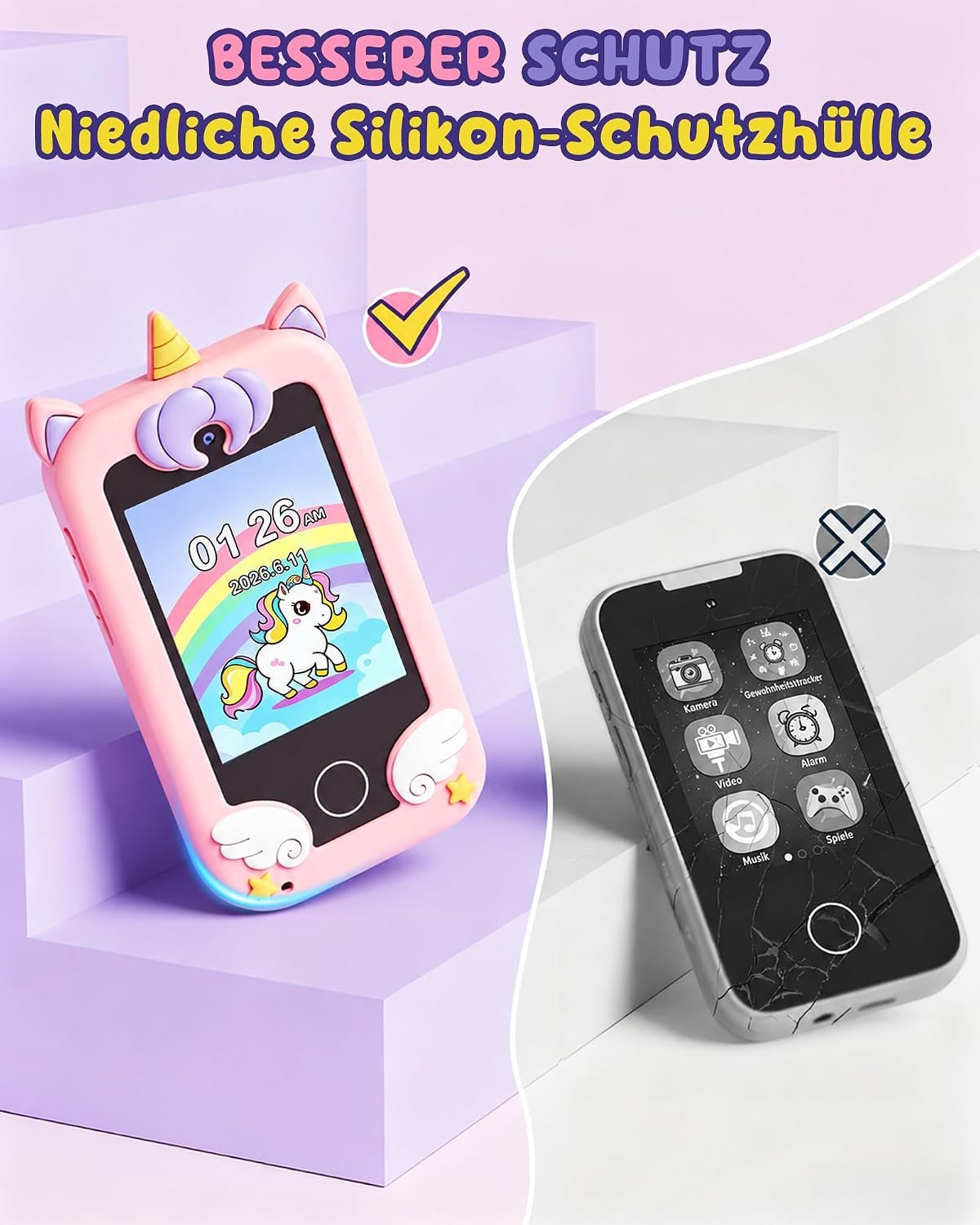 Detalle de UCIDCI Kinder Handy Spielzeug Rosa – Dual-Kamera, Lernspielzeug, MP3-Player und mehr