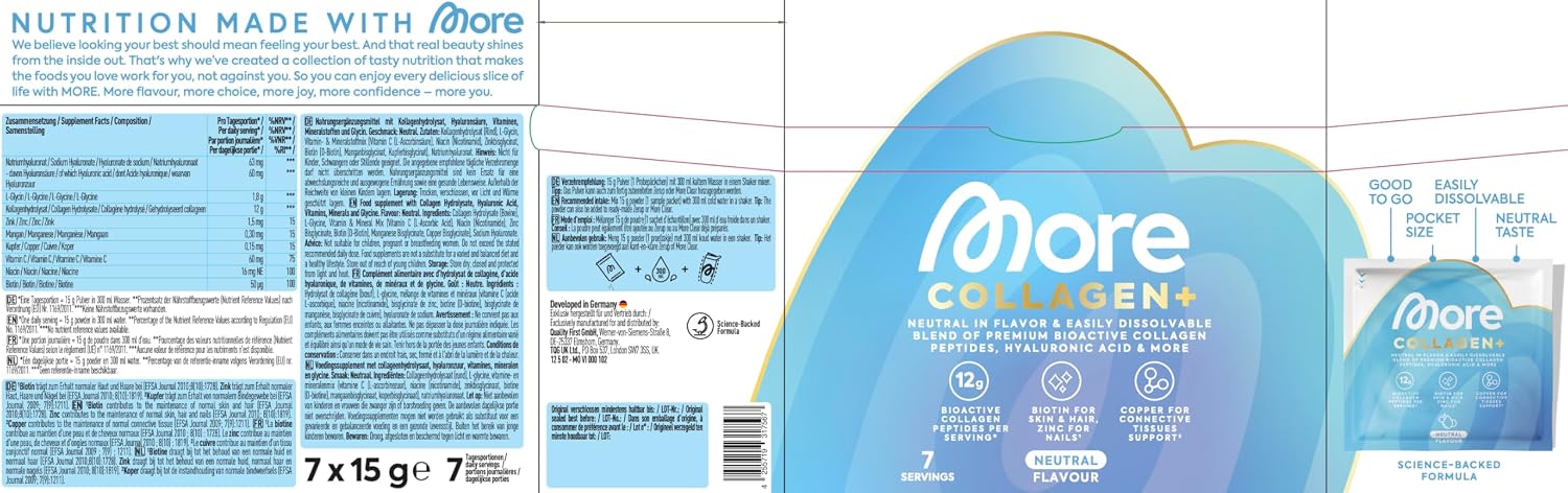 Detalle 2 de MORE Collagen+ Box (7 x 15 g) – geschmacksneutral mit Kollagenhydrolysat, Hyaluronsäure, Vitaminen & Mineralstoffen