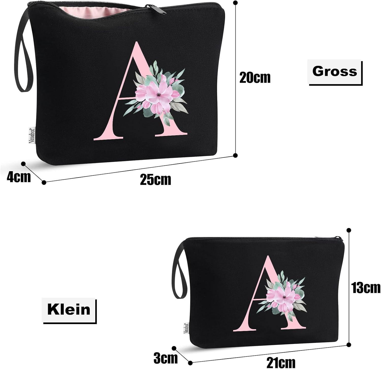 Detalle 2 de Vavabox 2 Pcs Initial Toiletry Bags Set (Black) – personalised travel toiletry bag with handle