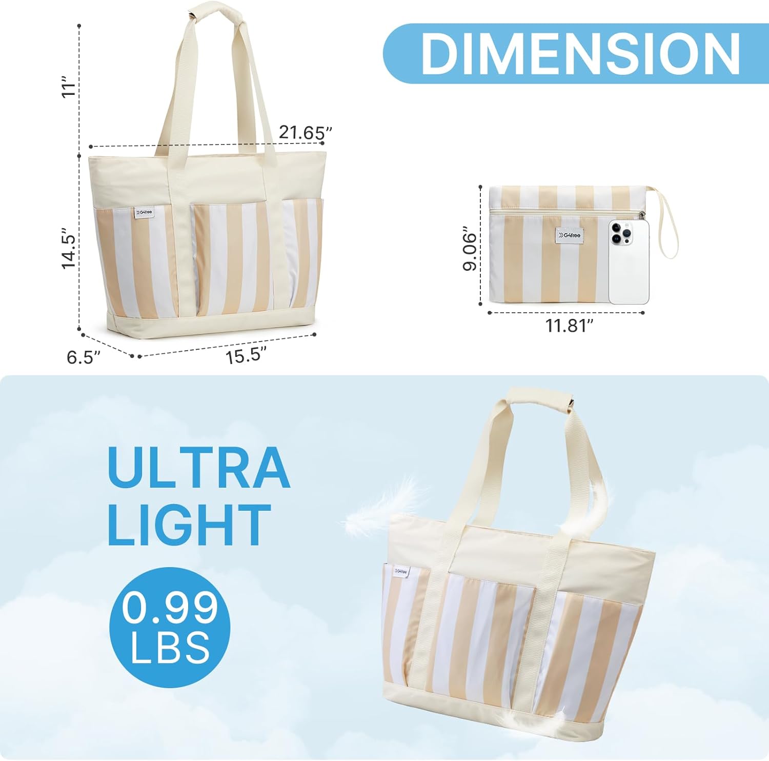 Detalle de G4Free 35L/50L Foldable Beach Bag with Zipper Pockets – Water-Resistant Tote for Travel, Pool and Weekender use