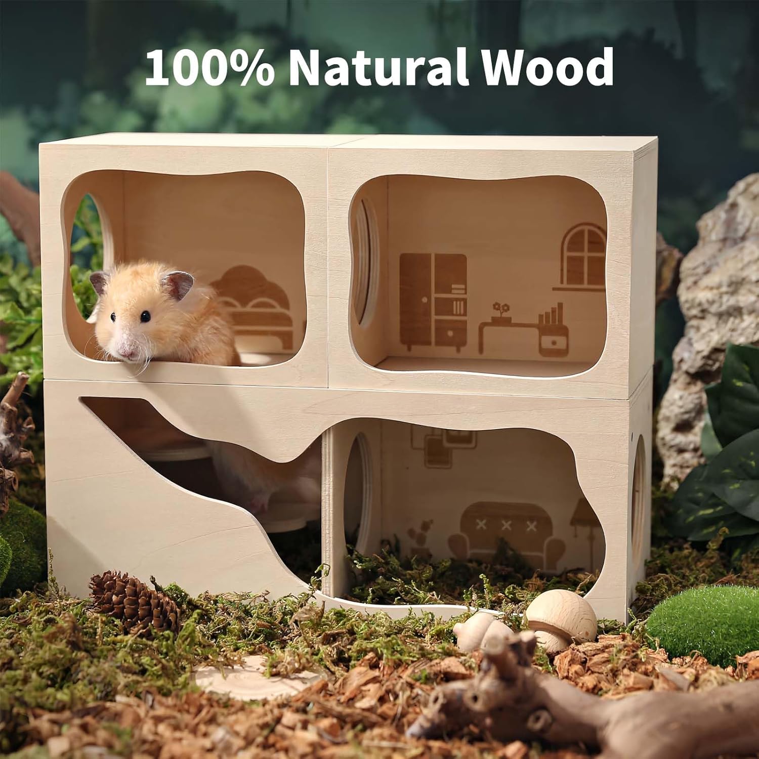 Thumbnail 6 de Marchul Hamsterversteck aus Holzhaus mit Kammer & Tunnel – modulares Magnet-Spielzeug für Kleintiere (Wohnzimmer)