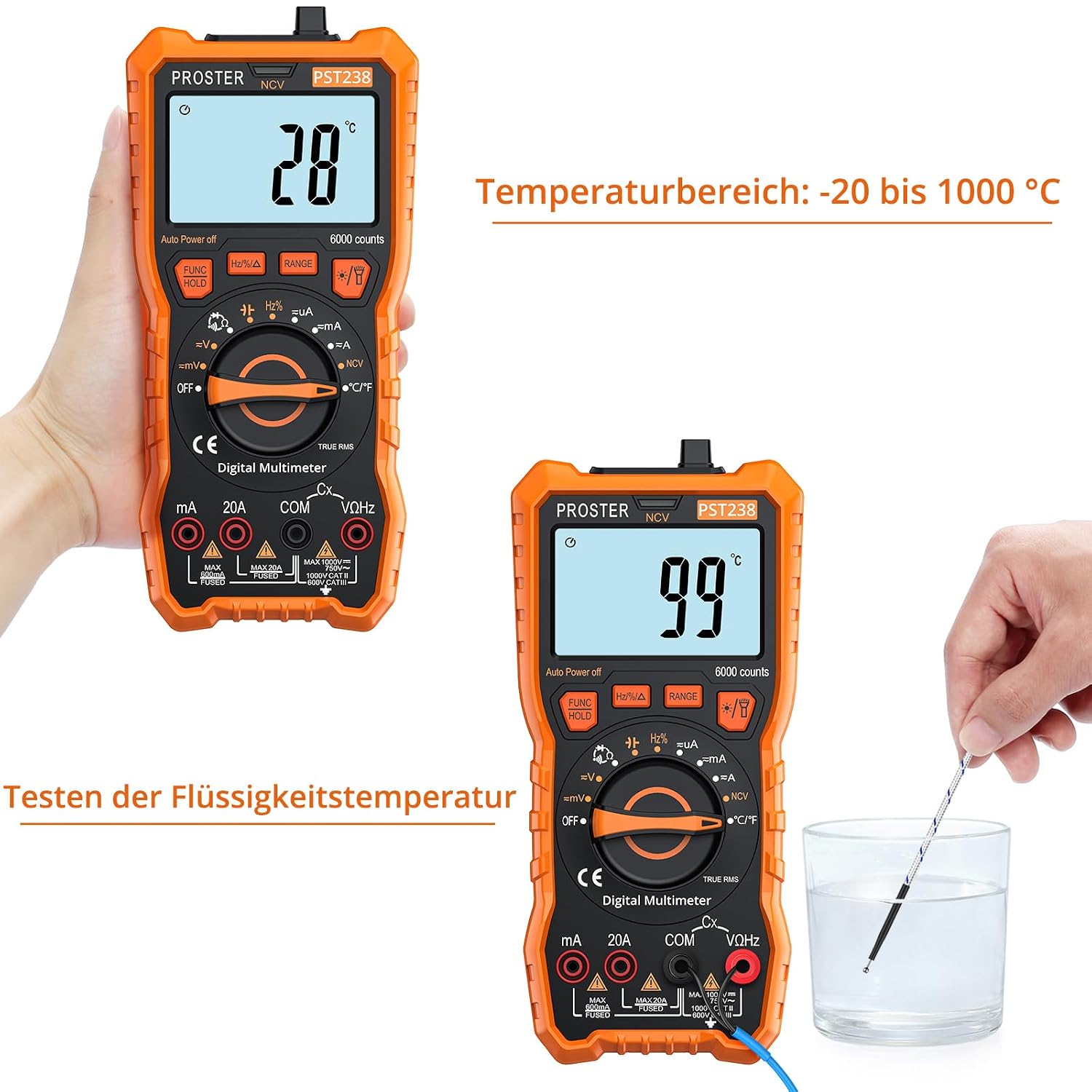 Detalle de Proster Digitales Multimeter 6000 Zähler TRMS Auto Range mit NCV – DC/AC Messgerät, Temperatur, Kapazität, Widerstand
