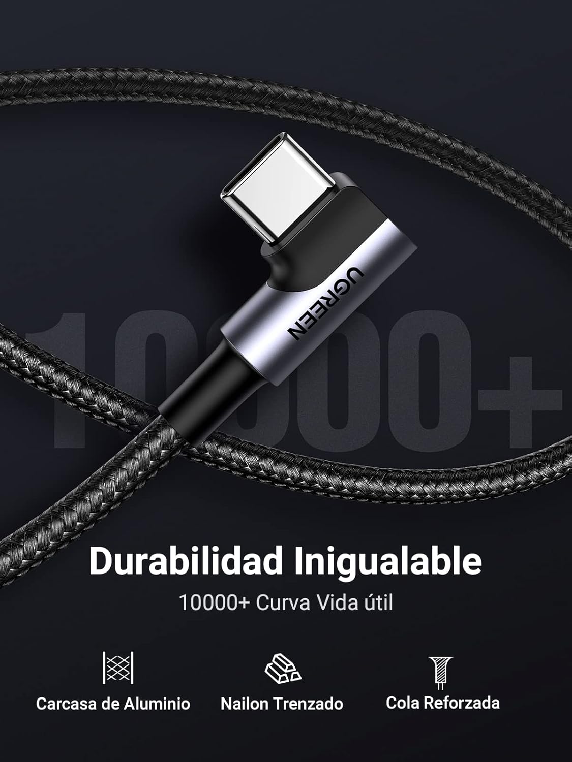 Detalle 2 de UGREEN Cable Tipo C 90° 2M, Carga Rápida ⚡