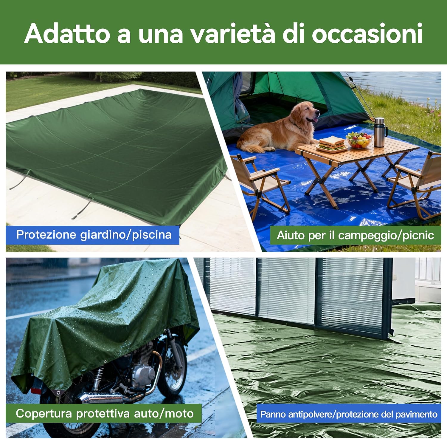 Detalle de COVALL Telone in plastica antipioggia 2x2m – telo impermeabile HDPE 70 g/m², verde/blu, protezione UV