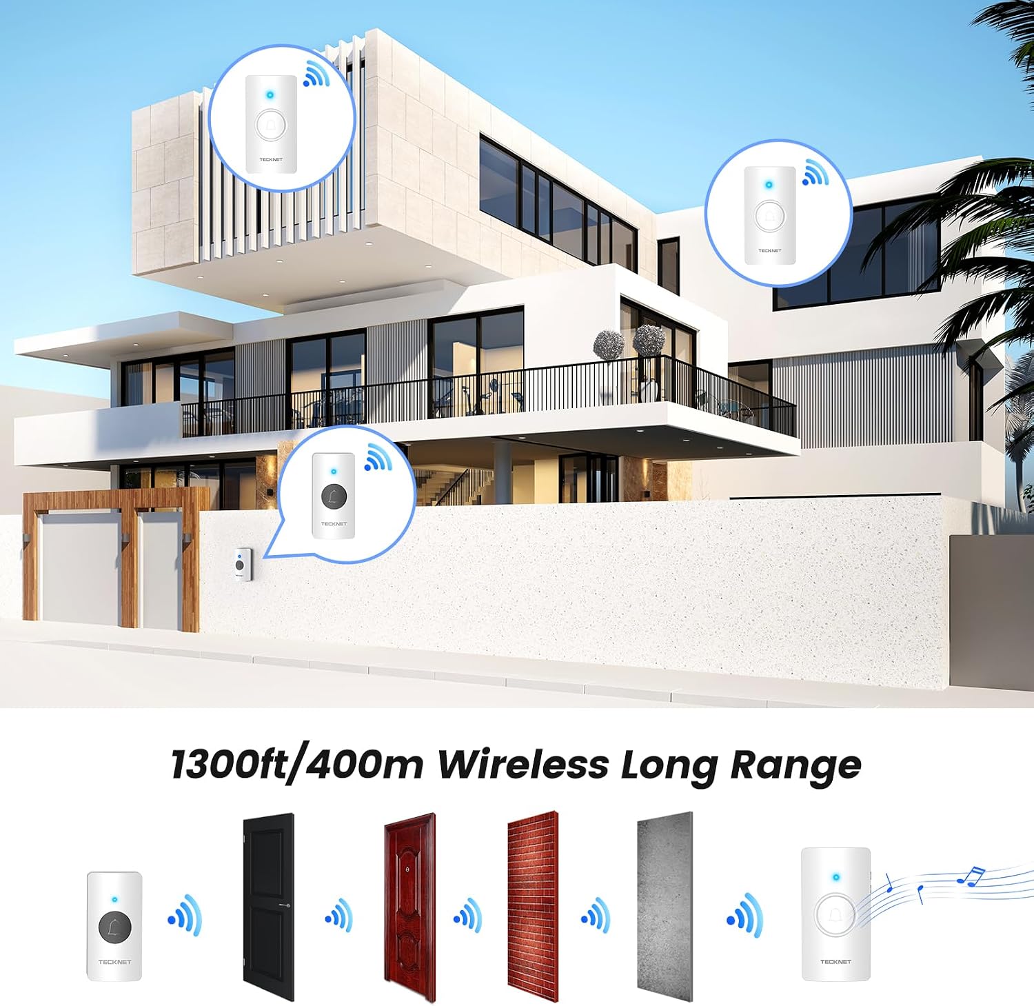 Thumbnail 1 de TECKNET Wireless Doorbell Kit (IP65 waterproof, battery powered) with long-range receiver up to 1300ft