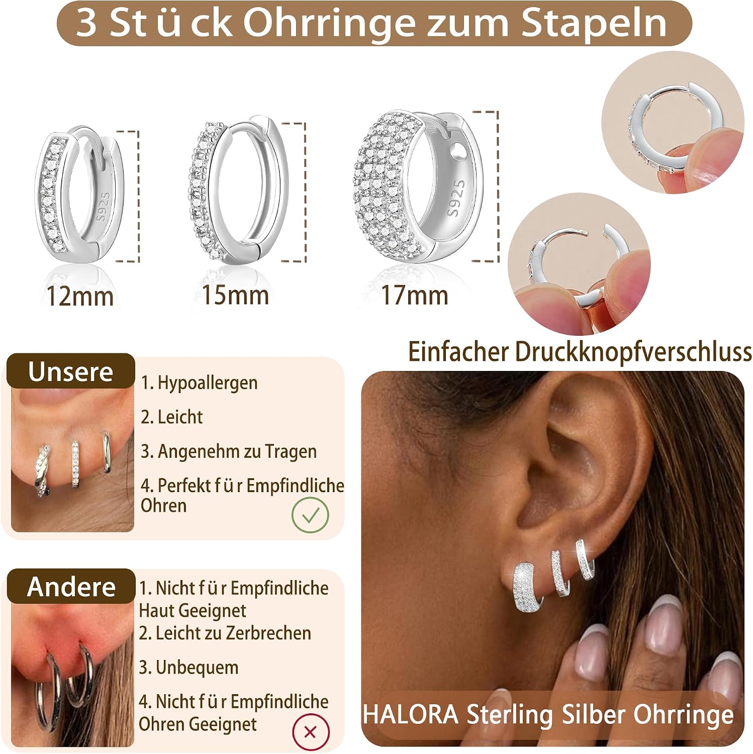Thumbnail 5 de Halora 3 Paar Creolen aus Sterling Silber 925 mit AAAA+ Zirkonia – hypoallergenes Set für Damen