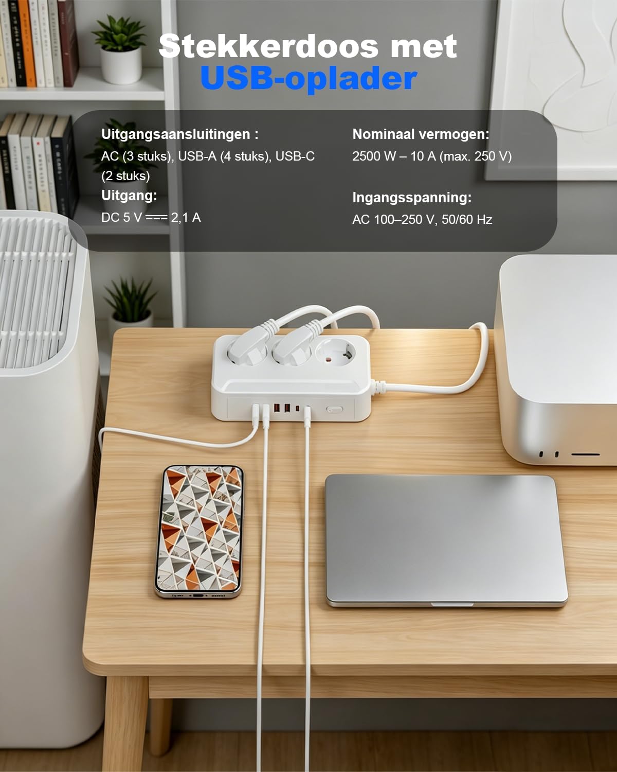 Detalle 2 de Jonurphy USB-C stekkerdoos met 3 stopcontacten, 6 USB-poorten en 1,8 m kabel