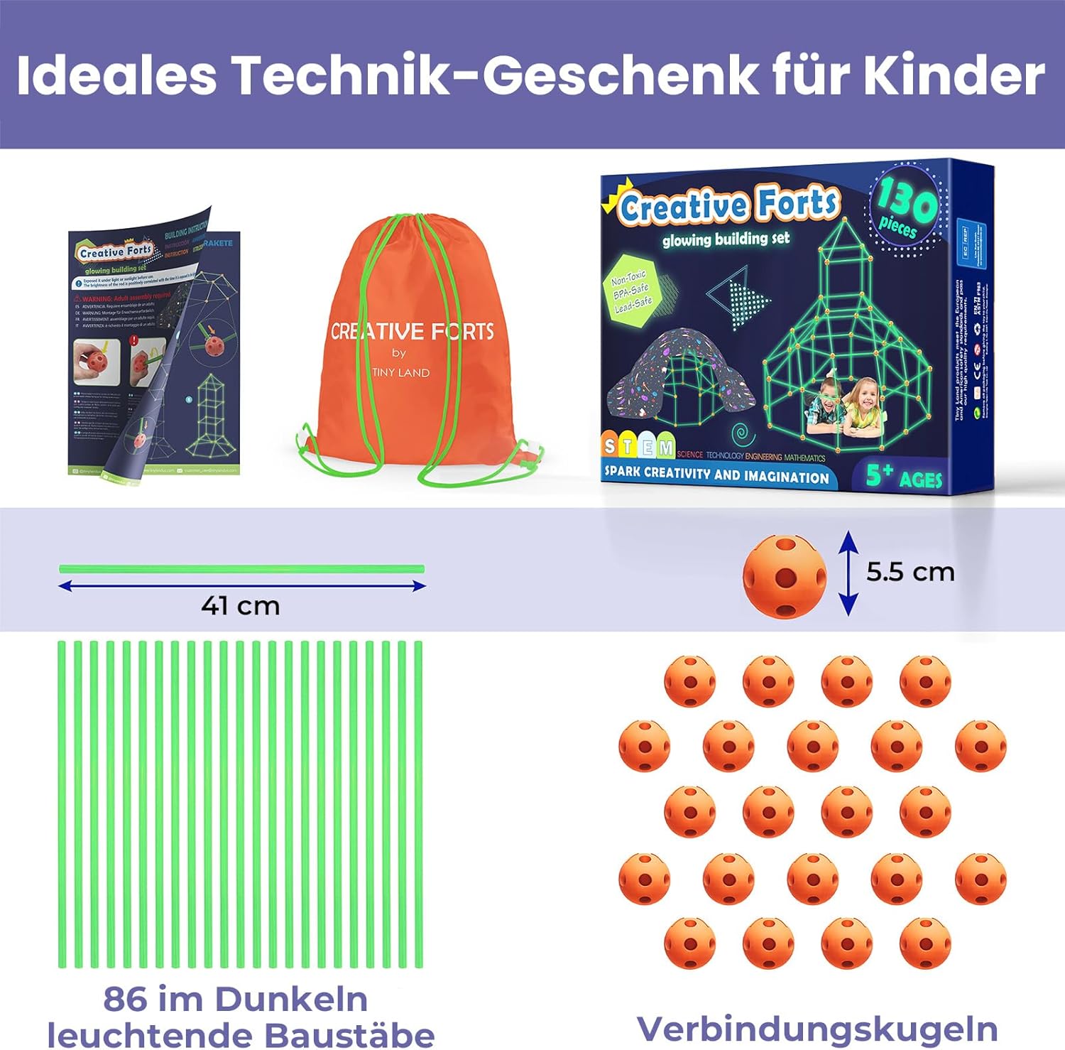 Thumbnail 3 de Tiny Land DIY Höhle Kinder Konstruktionsspielzeug mit leuchtenden Stäben, Outdoor & Indoor – 130-teiliges Set ab 5 Jahren