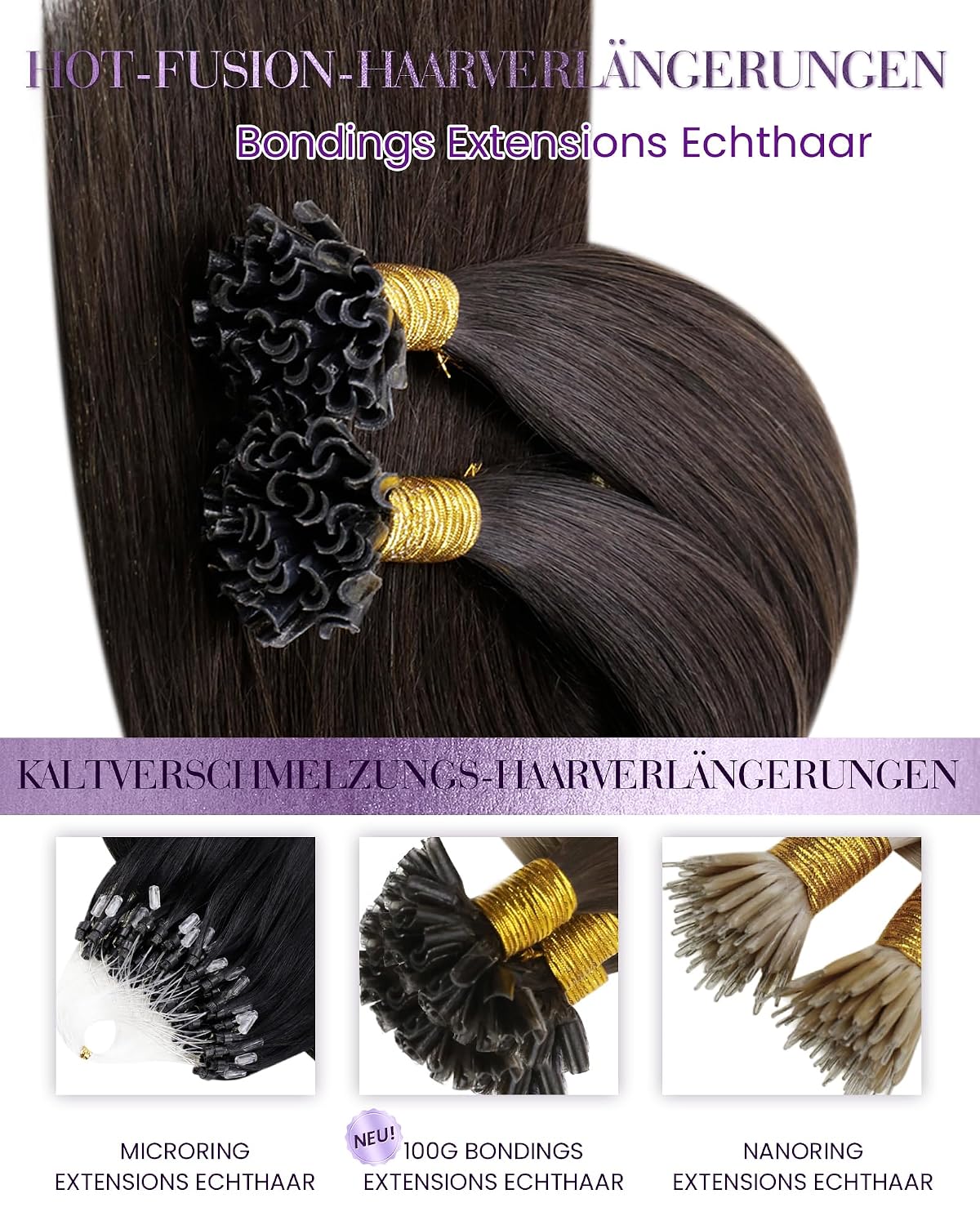 Thumbnail 6 de LaaVoo Bondings Echthaar Extensions Dunkelbraun – Keratin Bondings, 50 g pro Pack | 35 cm bis 60 cm