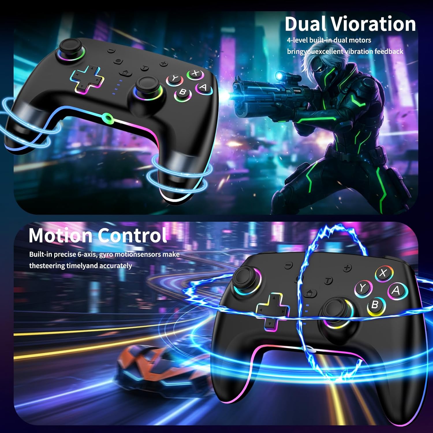 Detalle de RGB Wireless Controller 2er-Pack für Switch, Switch 2, Lite, OLED und PC – 7-Farb-LED, Gyrosensor, Dual-Vibration & Turbo