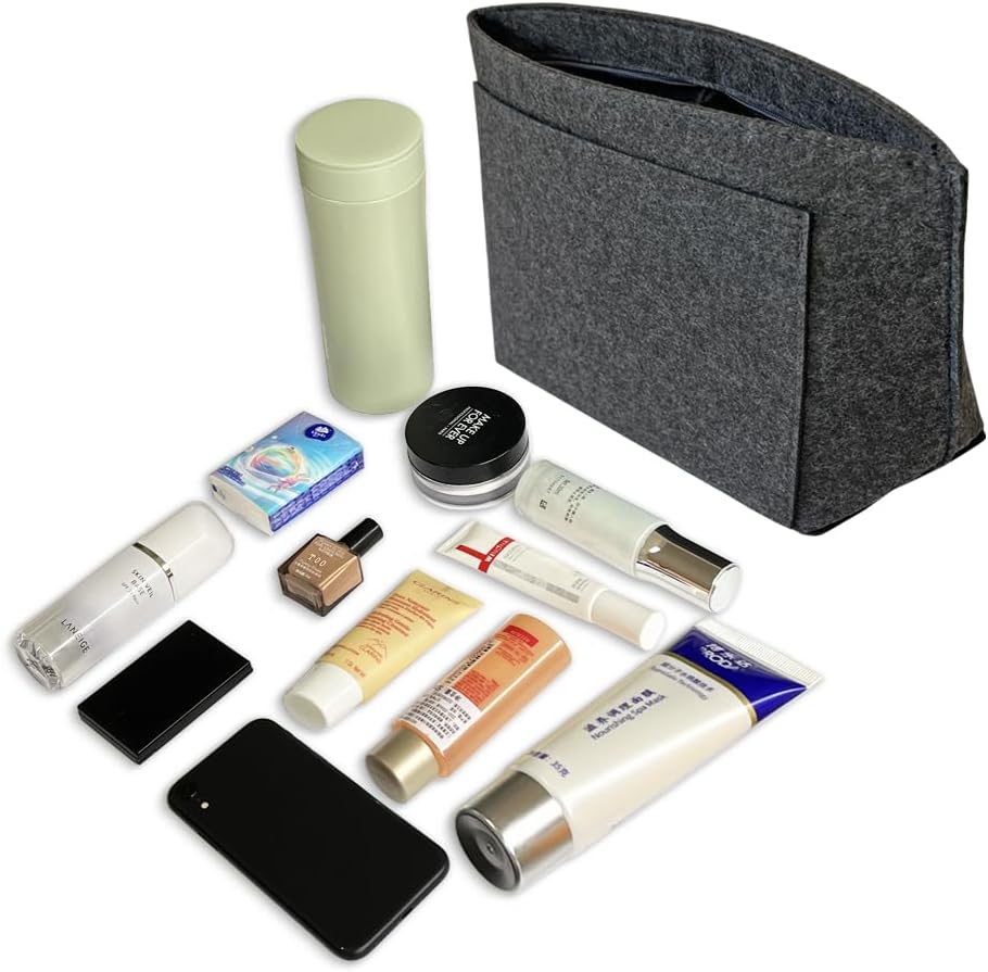 Detalle de DongMaple Filz Taschenorganizer für Frauen – Grau M, 8 Taschen, Anti-Diebstahl-Reißverschluss