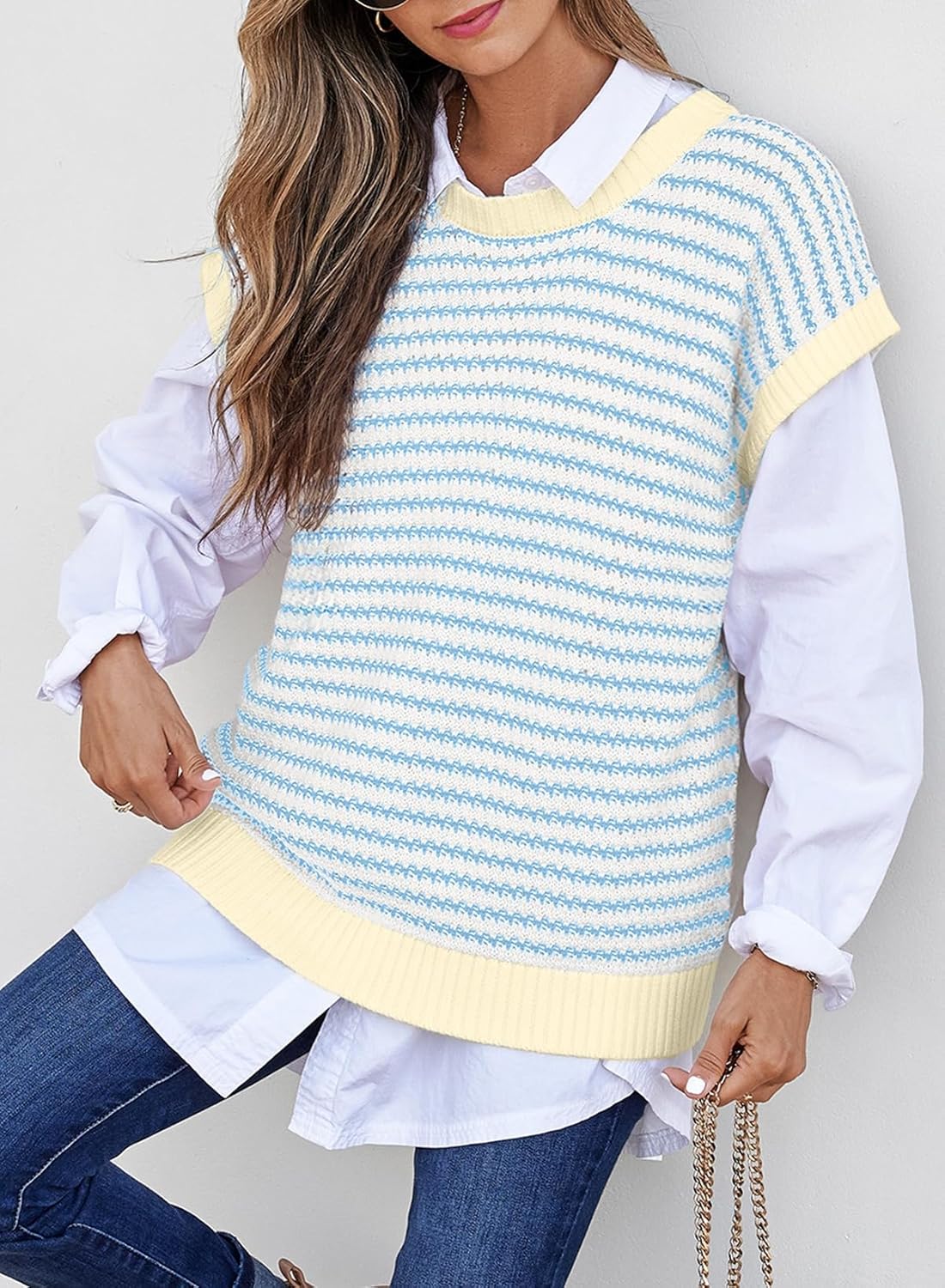 Thumbnail 4 de EVALESS Women’s Striped Sweater Vest Pullover Tank Top (Crewneck, Cap Sleeve)