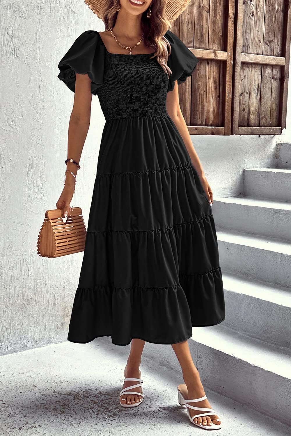 Thumbnail 4 de PRETTYGARDEN Women's Casual Summer Midi Dress: Puff Sleeve, Square Neck, and Tiered Ruffle Charm