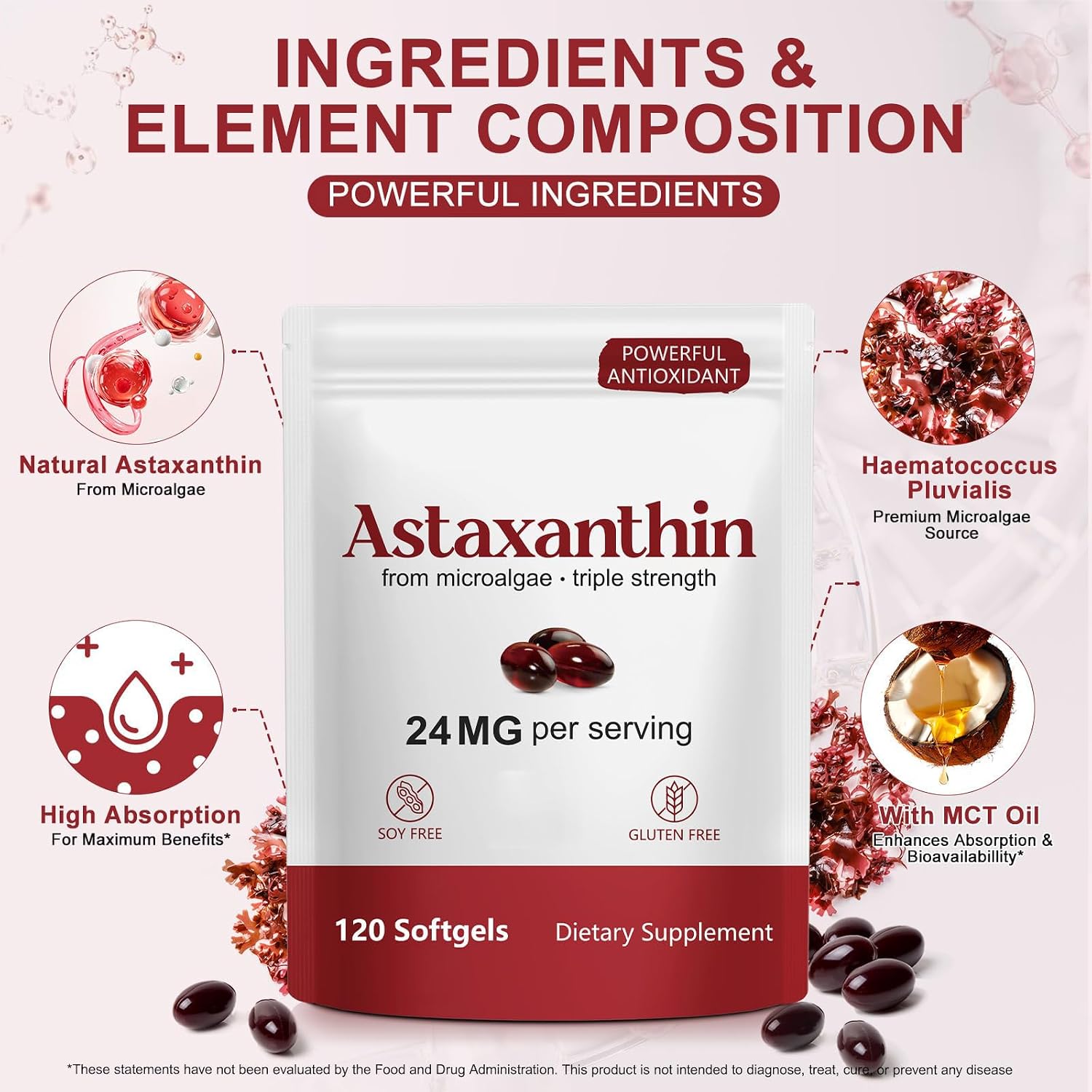 Detalle de FANSHI 2PCS Astaxanthin 24mg Softgels, 120 Count, Microalgae-Based