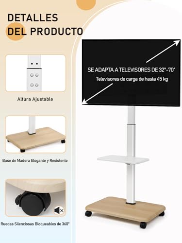 Thumbnail 5 de Soporte TV Móvil Blanco para 32-70" con Ruedas y Estante