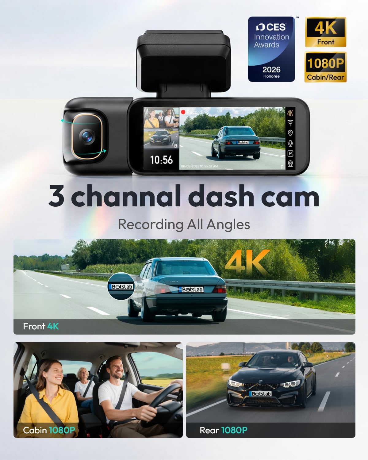 Detalle 2 de BOTSLAB G980H 4K 3-Channel Dash Cam: Front, Rear & Inside with 360° Coverage