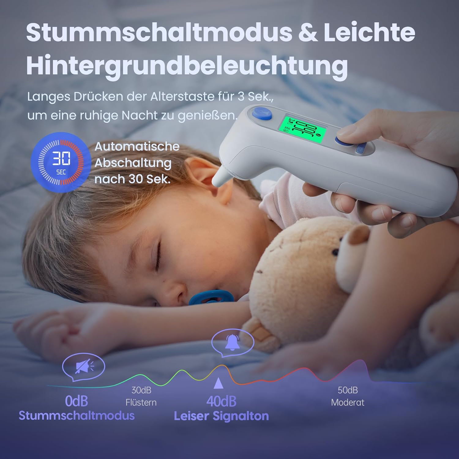 Thumbnail 4 de Digitales Infrarot-Ohrthermometer für Babys, Erwachsene & Senioren – mit farbcodiertem Display, 21 Hygienekappen & 1‑Sekunden-Messung (Weiß)