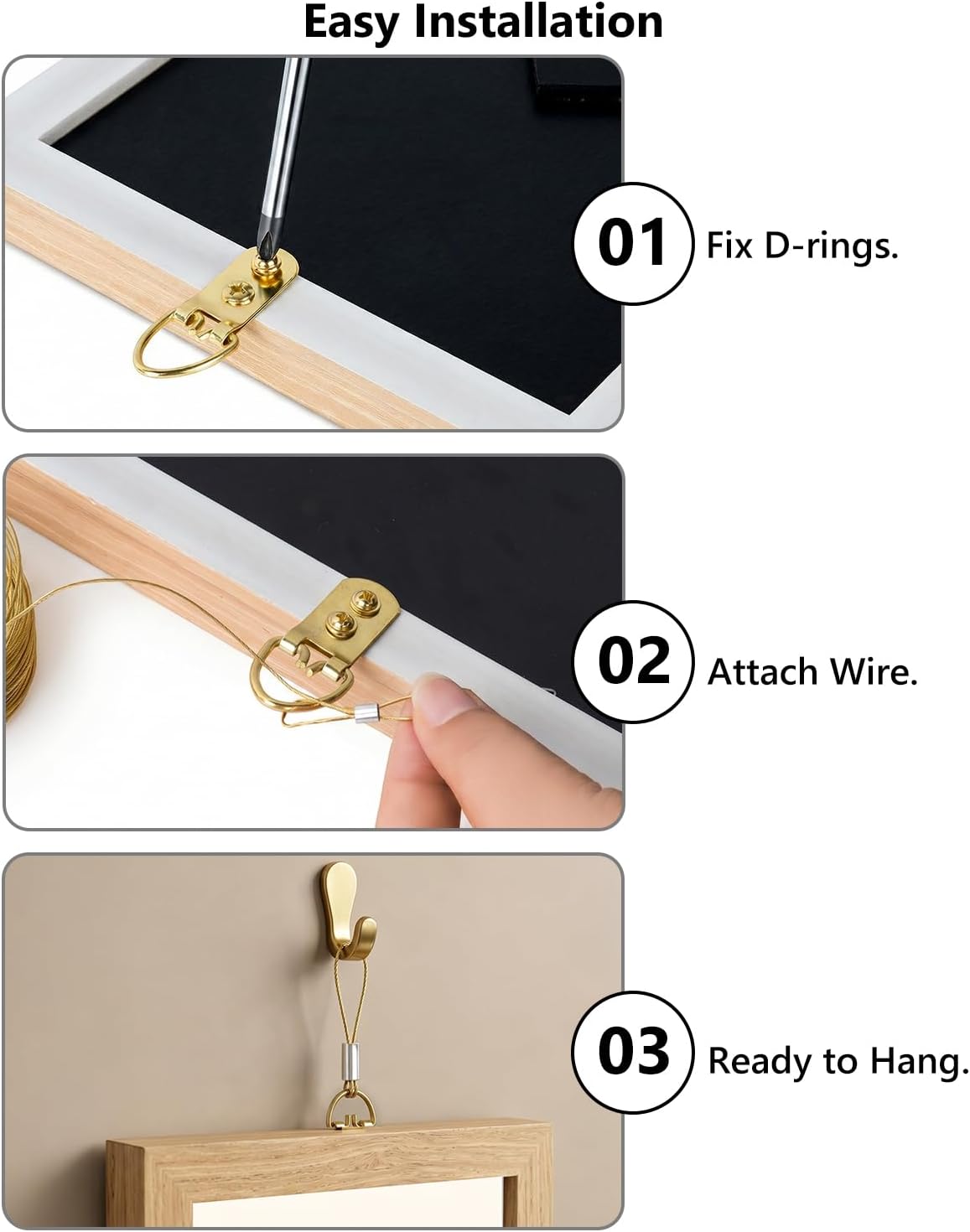 Detalle 2 de 40 Picture Hanging Kit with Wire Screws D-Ring Hangers Golden
