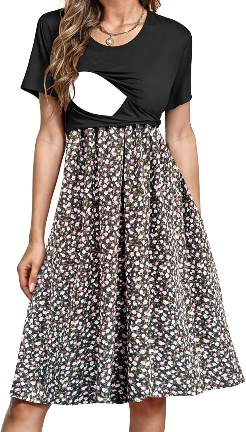 Detalle de PARNIXS Women's Nursing Dress: Summer Patchwork Maternity Dress with Front Nursing Access
