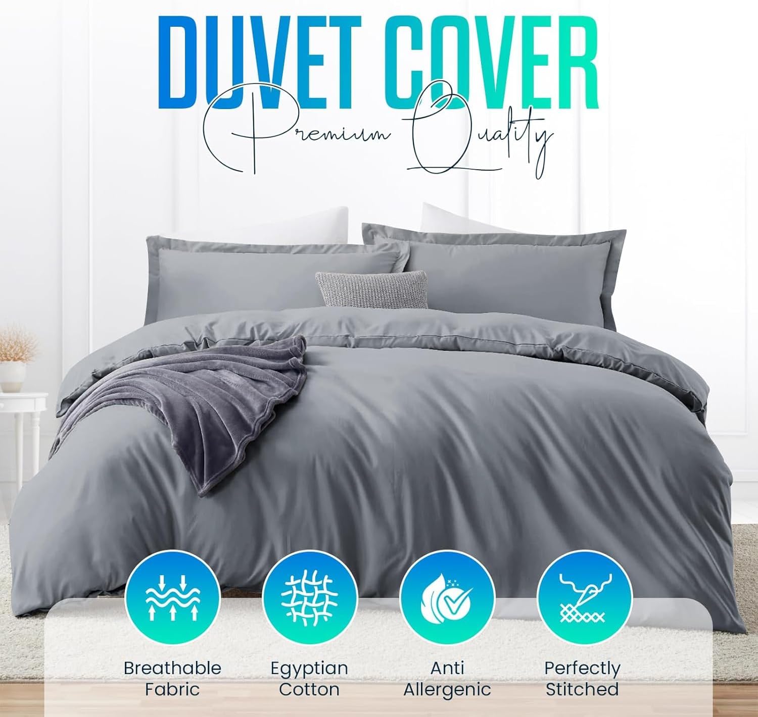 Thumbnail 1 de Linens World 200 Thread Count Egyptian Cotton Duvet Cover Set (Grey, Single) – Practical Comfort with Easy Maintenance